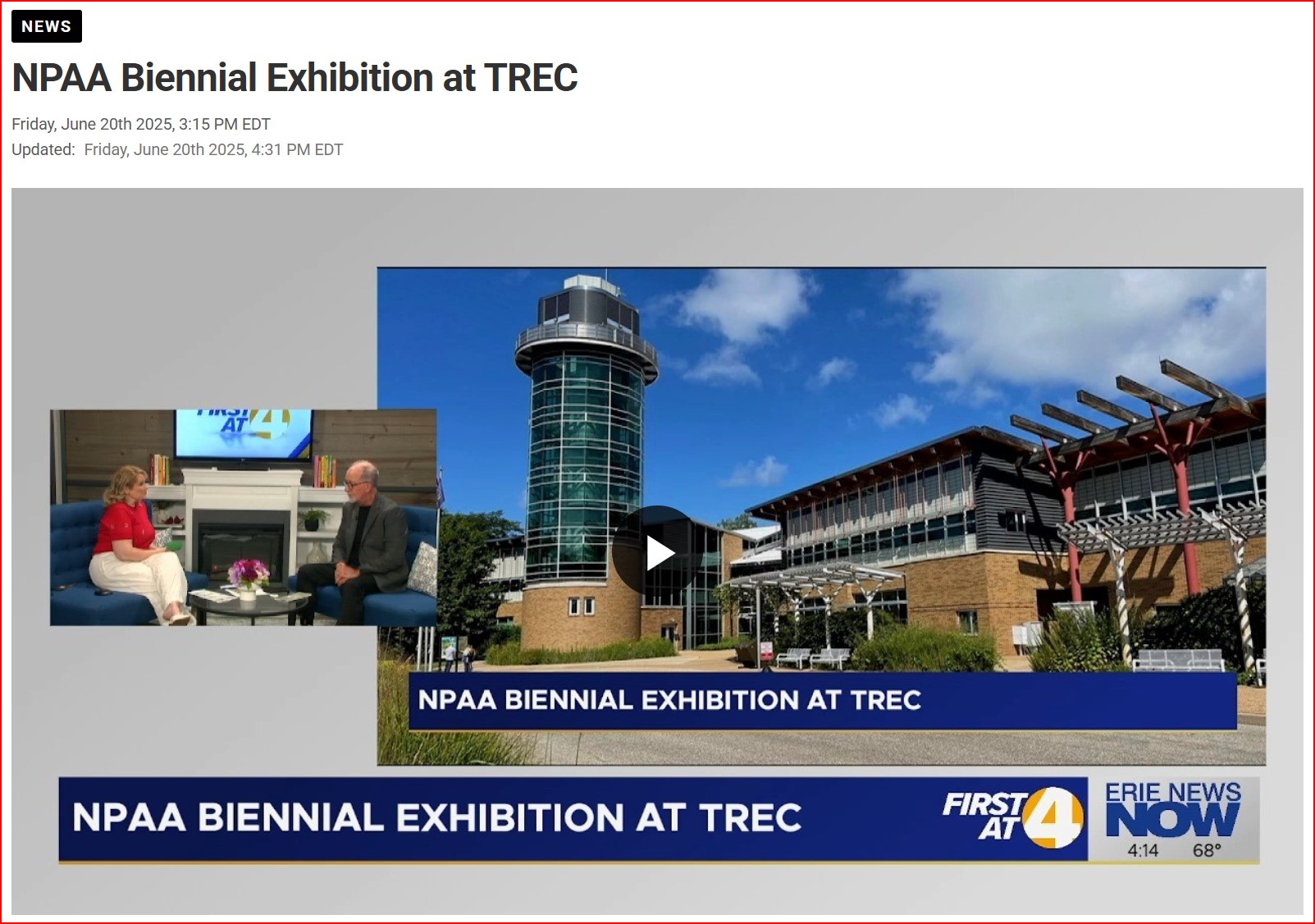 Jack Stone on Erie News Now “Blue Couches” discussing the NPAA biennial at TREC